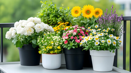 Balcony garden with roses, sunflowers, and herbs; outdoor summer scene; perfect for gardening blogs