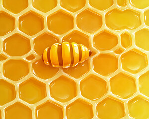 Bee larva in honeycomb cell, close-up view, golden honey texture, food production background