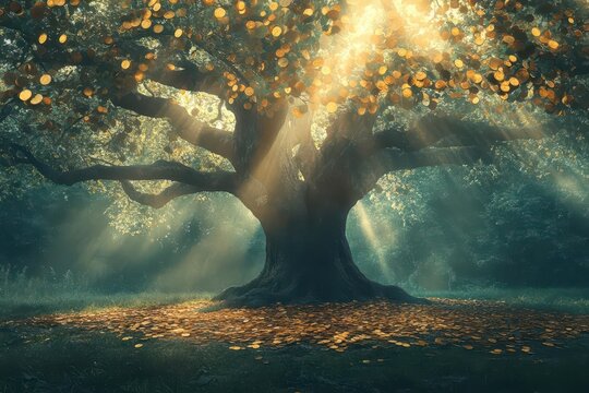 ancient wisdom tree with golden coins as leaves in mystical misty forest, rays of light filtering through branches, symbolizing abundance