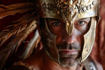 Generative AI image of a fierce ancient gladiator in battle-worn armor and helmet, inspired by Greek warriors