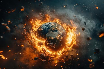 apocalyptic space scene with earth surrounded by cosmic debris and energy waves, cinematic sci-fi style with dramatic lighting