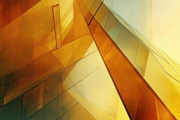 Obraz premium architectural abstract of intersecting glass skyscrapers, golden sunset light creating geometric patterns, dramatic perspective reaching skyward