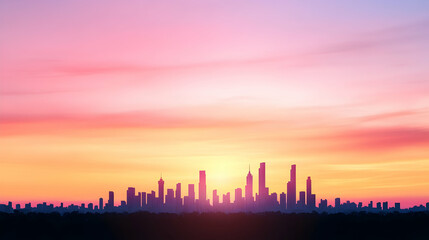 Fototapeta premium City skyline silhouette at sunset, colorful sky, urban landscape, ideal for travel brochures