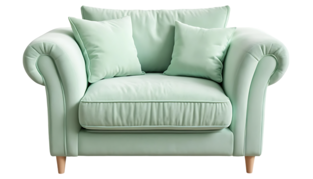 Mint Green Loveseat Sofa with Rolled Arms and Wooden Legs