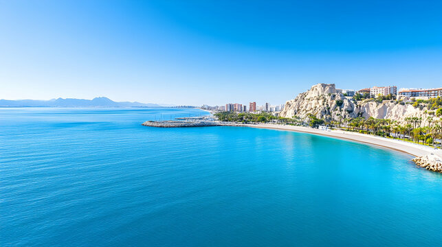 Coastal city beach panoramic view, turquoise water, mountains background, summer travel destination