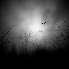 Dark gothic forest, bare twisted trees, silhouettes, misty atmospheric landscape, flying bats, eerie sky, black and white photography, high contrast, moody lighting, foggy background, surreal, ominous