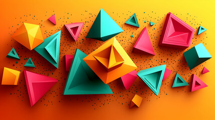 Colorful 3D geometric shapes floating on orange background; abstract design for website banner
