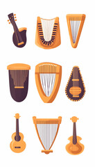 Collection of stringed musical instruments, including lyres and guitars, on a white background, ideal for music education or website design