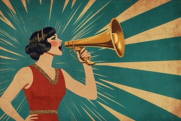 art deco poster featuring a confident woman in red flapper dress using golden megaphone, geometric sunburst background in teal and copper