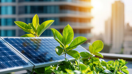 Sustainable Rooftop Solar Panels and Greenery in Urban Setting