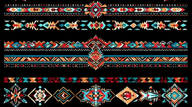 Colorful Aztec tribal geometric patterns seamless borders design for textile, fashion, or website