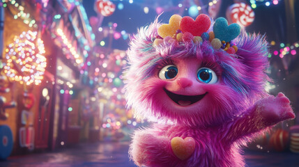 Fototapeta premium Whimsical pink creature in a colorful candy-themed wonderland full of joy
