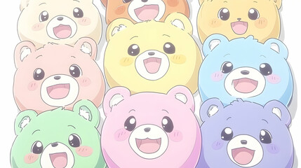 Colorful cartoon bears arranged in a circle, happy expressions, white background, ideal for children's products