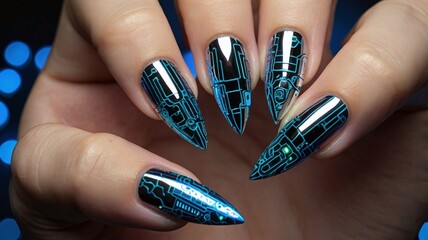 stiletto nails with a mirrored chrome finish in silver, reflecting the surroundings. One nail features a holographic circuit board pattern, while another has a glowing LED-inspired dot in neon blue.