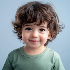 Adorable toddler with curly hair wearing a green shirt smiling