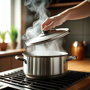 Ręka zdejmująca pokrywkę z garnka stojącego na kuchence z kt&oacute;rego unosi się para