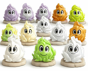 Fototapeta premium Colorful cute cartoon characters on beige base, playful arrangement, studio shot, ideal for children's products