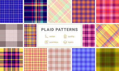 Collection of 12 vibrant plaid patterns.  Highquality vector seamless textures in various colors and styles, perfect for textile design, web backgrounds, and fashion projects.