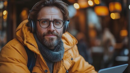 Fototapeta premium Man With Headphones Sitting On The Street. Illustration On The Theme Of Recreation And Tourism, Lifestyle And Urban Environment. Generative AI