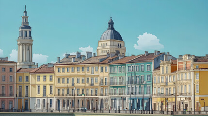 Fototapeta premium Colorful European city waterfront buildings under sunny sky, ideal for travel brochures or city guides