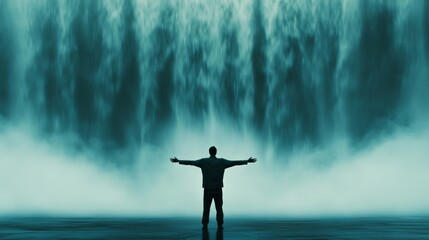 Businessman embracing freedom with open arms while basking in the beauty of a majestic waterfall, surrounded by a surreal landscape that inspires connection with nature and success