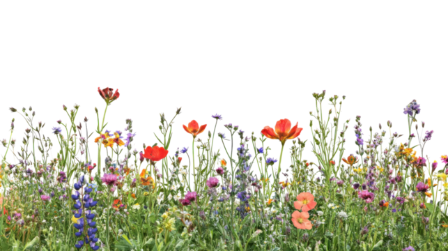 Colorful wildflowers blooming in a meadow with transparent background