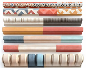 Colorful decorative molding samples; various patterns & styles; white background; design inspiration for home decor