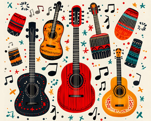 Colorful guitars, drums, and musical notes; festive background; for music-themed design