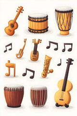 Colorful musical instruments collection guitars, drums, and wind instruments; musical notes background; ideal for music education