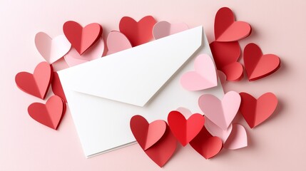 Send your love, a blank envelope surrounded by paper hearts in soft hues of pink and red, arranged on a soft pink surface. valentines day concept.