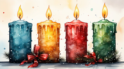cute Christmas candles , watercolor simple style, sketch, retro illustration style, bright colors, white background