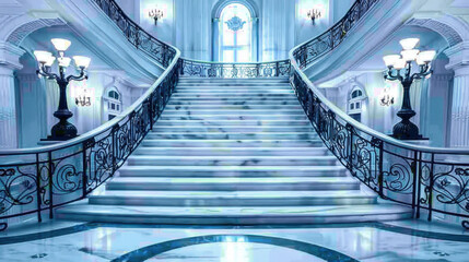 Elegant marble staircase with ornate railings in grand hall
