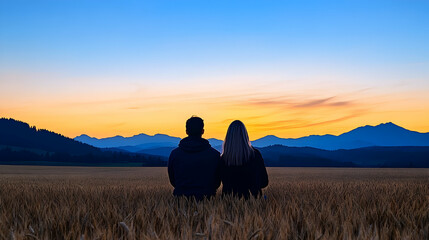 Couple watching sunset over mountains in wheat field