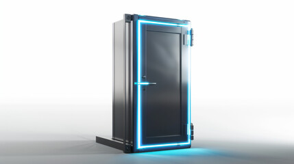 futuristic door with glowing blue neon lights, set against minimalist background, evokes sense of mystery and innovation