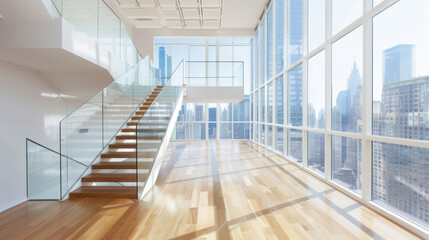 Obraz premium Modern interior with large windows and wooden staircase, showcasing city skyline views. Bright and spacious design emphasizes elegance and contemporary style