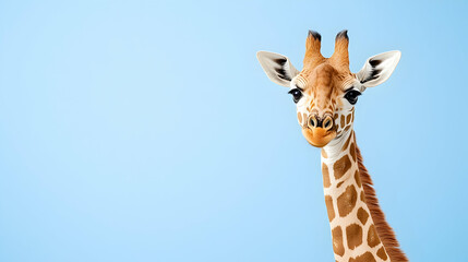 Obraz premium Curious giraffe portrait, blue background, wildlife, zoo animal, nature photography, kids book illustration