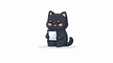 Cute black kitten holding smartphone; white background; app, website, or social media concept