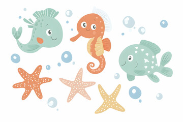 Fototapeta premium Cute cartoon sea creatures and starfish; ocean background; kids' illustration; perfect for children's books