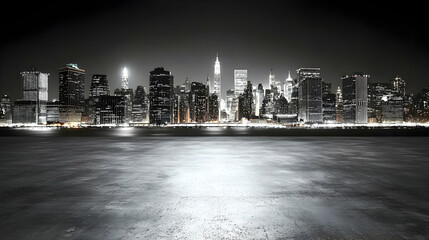 Obraz premium Night city skyline, empty plaza, urban background