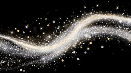 White shimmer with snow and star glitter. Magic dust with wind effect on black background. Can be used as png for Christmas and winter design. Realistic vector snowflake and sparkle texture.