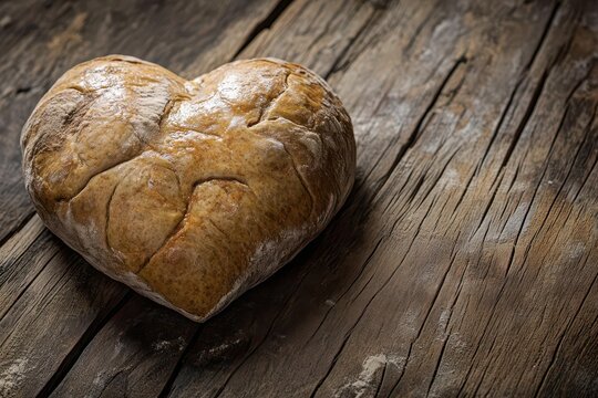 artisanal heart-shaped bread dough on rustic wooden surface, dramatic lighting, food photography style