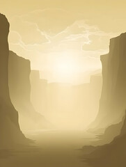 Desert canyon sunrise, hazy morning light, rocky landscape, travel brochure background