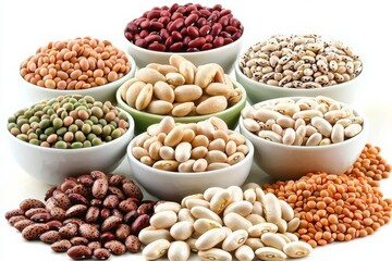 Obraz premium Various types of beans arranged in bowls showcasing diversity in color and size in a kitchen setting