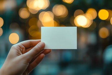 Obraz premium Hand holding blank card in blurred bokeh background.
