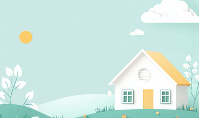 A whimsical illustration of a small house surrounded by rolling hills, bright sun, and fluffy clouds, all set against a soft turquoise background.