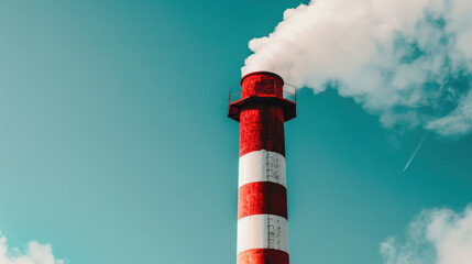 tall industrial chimney emitting white smoke against clear blue sky, showcasing environmental impact and industrial activity