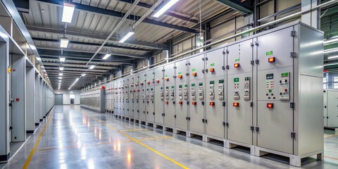 Electric panel box in long corridor of large industrial warehouse, industrial spaces, lighting fixtures