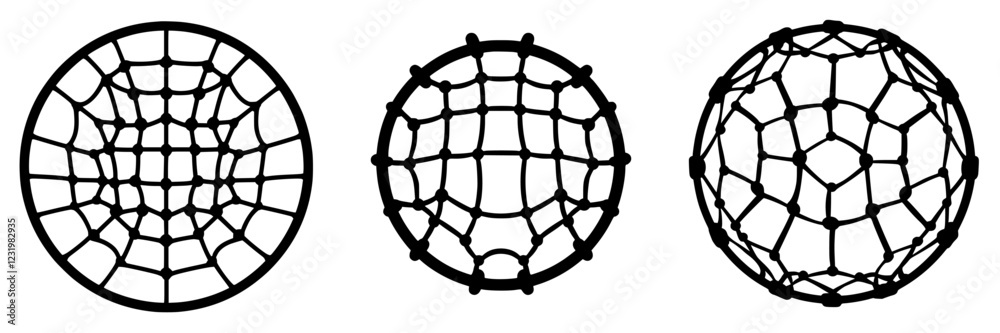 Poster various designs of circular nets illustrating different web patterns and constructs in a minimalist 
