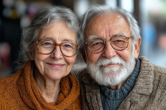 A warm and heartwarming portrait of an elderly couple smiling together. Their joy and connection radiate love and companionship.