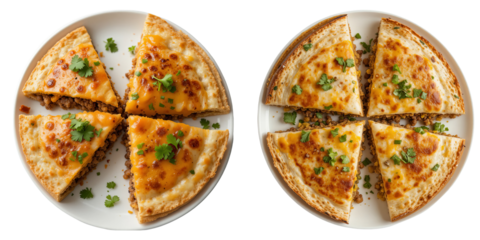 Beef quesadilla with seasoned ground beef and cheese on white plate

